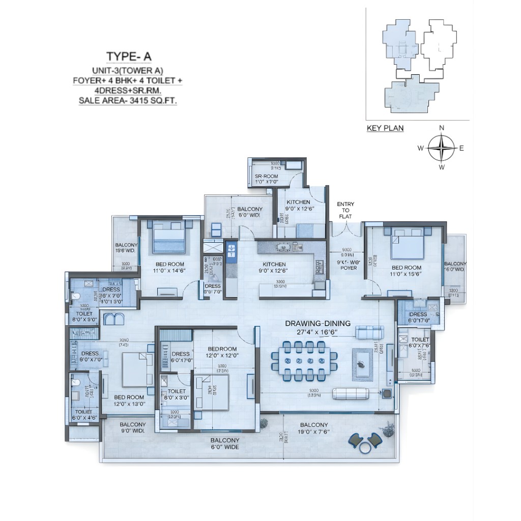 Apex Rosario Type A 4 BHK floor plan ~3415 sq ft