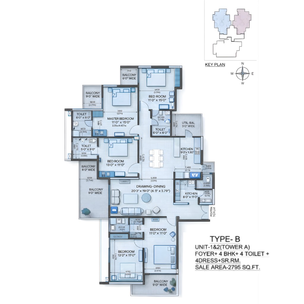 Apex Rosario Type B 4 BHK floor plan ~2795 sq ft
